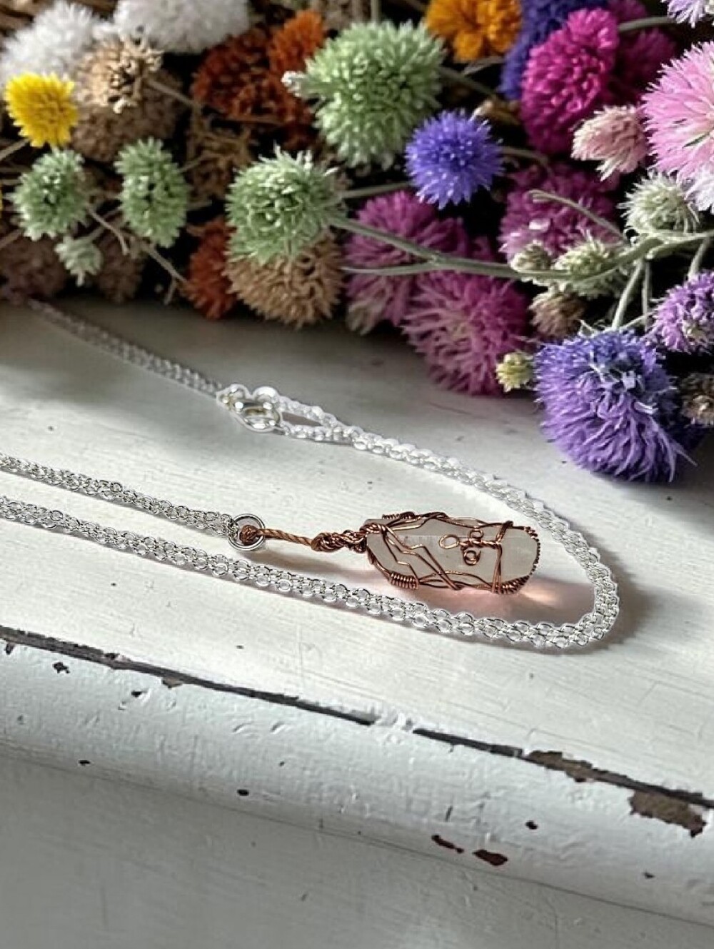 Handmade Rose Gold Wire Wrapped Clear Stone Necklace